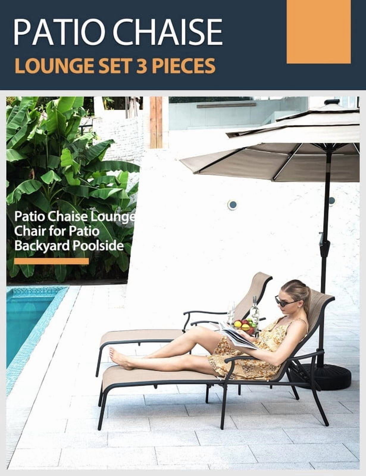 3-Piece Patio Chaise Lounge Set, Double Patio Lounge Chair with Glass Coffee Table, Patio Converstaion Set for Poolside Backyard