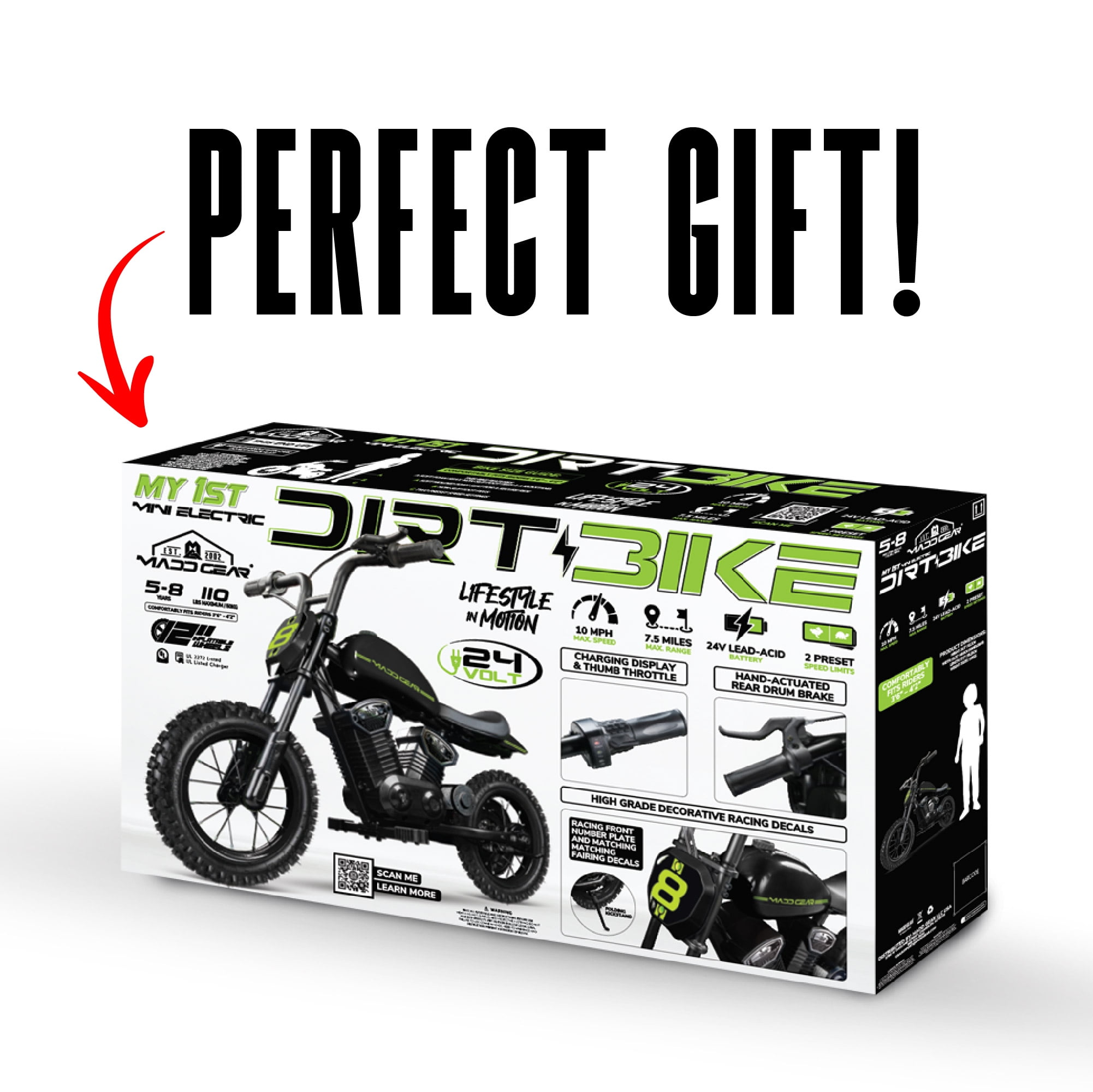 My 1st Mini Electric Dirt Bike by Madd Gear with 24-Volt Battery for Age 5-8 with a 10 mph Max Speed and 12" Wheels