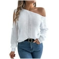 thumbnail image 2 of EchfiProm V Neck Women Off Shoulder Sweater Solf White Pullover Knit Long Sleeve Comfort Solid Sweater Top, 2 of 8