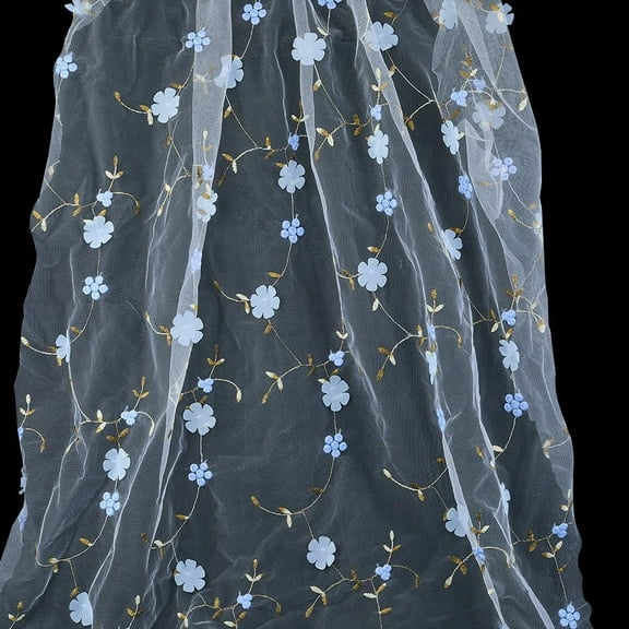 36x51 Inch White Embroidery Blue 3D Flower Netting Tulle Floral Mesh Lace Sheer Embroidered Soft Transparent Decorative Fibre Fabric for Sewing Wedding Clothes Decoration DIY Craft Supply 1pc