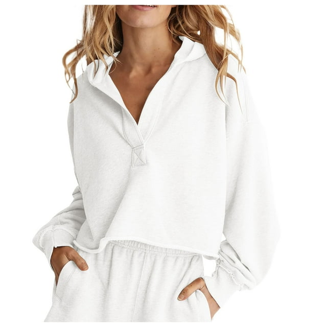 Aocisk Mode Ample à Capuche Femmes Printemps Automne Blouse Col en V Manches Longues Style Chemise Haut Blanc P