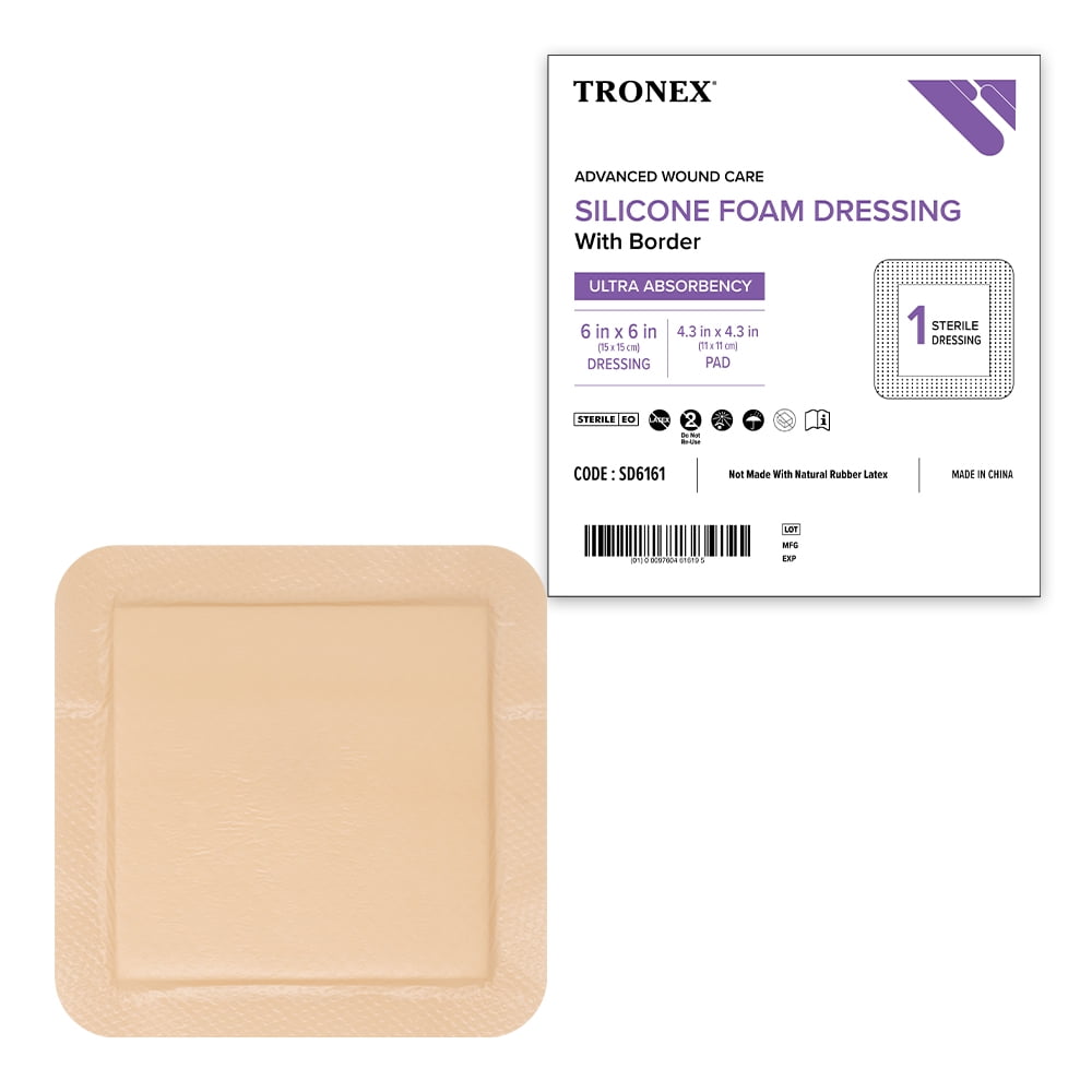 TRONEX SD6161 Silicone Foam Dressing 6”x6”, Adhesive Border, Waterproof, Sterile, Ultra Absorbency, Breathable, Advanced Wound Care, Gentle Removal, Latex Free, Beige, Case of 240