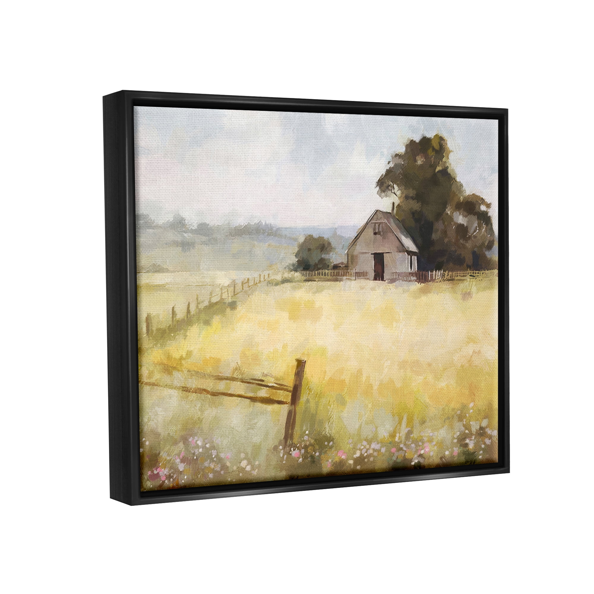 Stupell Industries Distant Barn Country Fence Landscape Painting Black Floater Framed Canvas Art Print Wall Art, 31 x 25