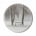 thumbnail image 1 of Tree Mouse Pad for Computers, Bench in the Snow Between Trees Winter Theme Picture Snowflakes Christmas Season Art, Round Non-Slip Thick Rubber Modern Mousepad, 8" Round, White Brown, by Ambesonne, 1 of 2