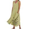QIUOMBBP Robe en Lin Grande Taille pour Femmes, Fluide, à Imprimé Floral, Sans Manches, Robe Maxi avec Poches, Ample, d'Été, Décontractée, de Plage, Verte, m