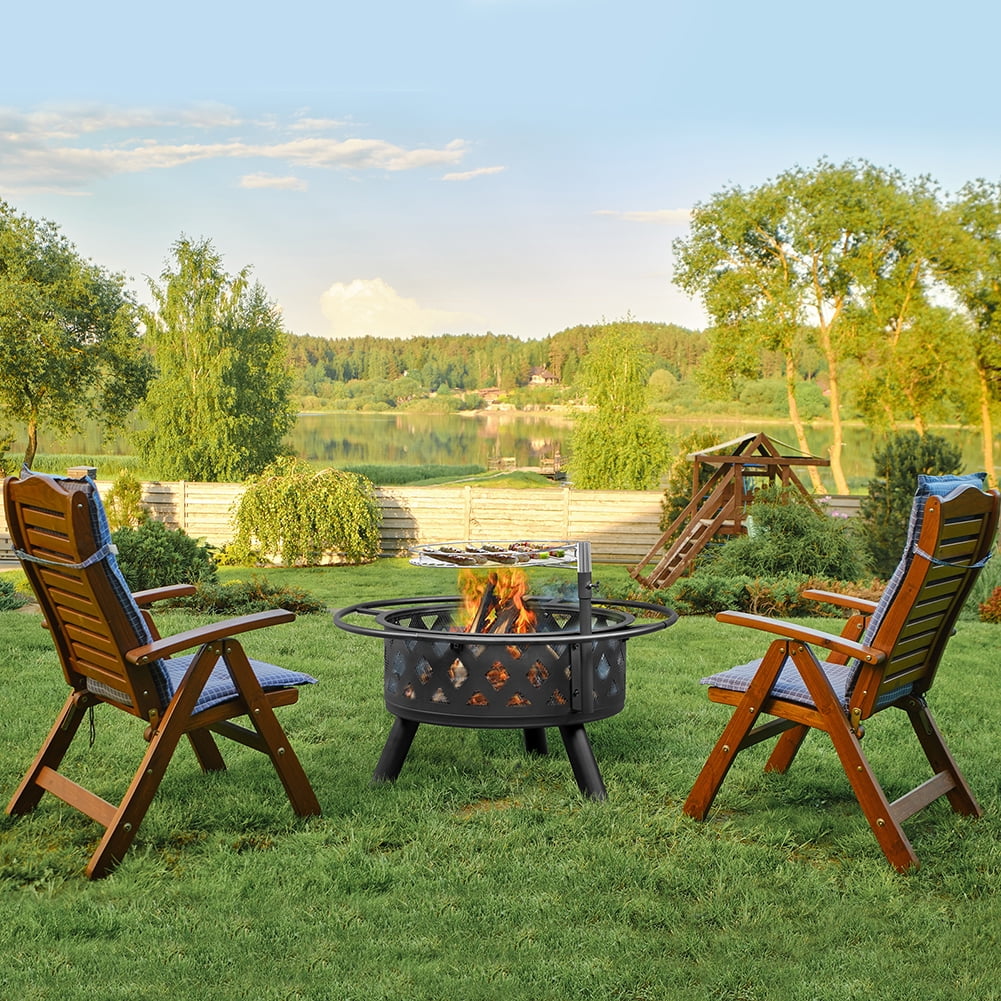 Spaco 30in Outdoor Metal Fire Pit with Cooking Grates Black, Outdoor Wood Burning Firepit