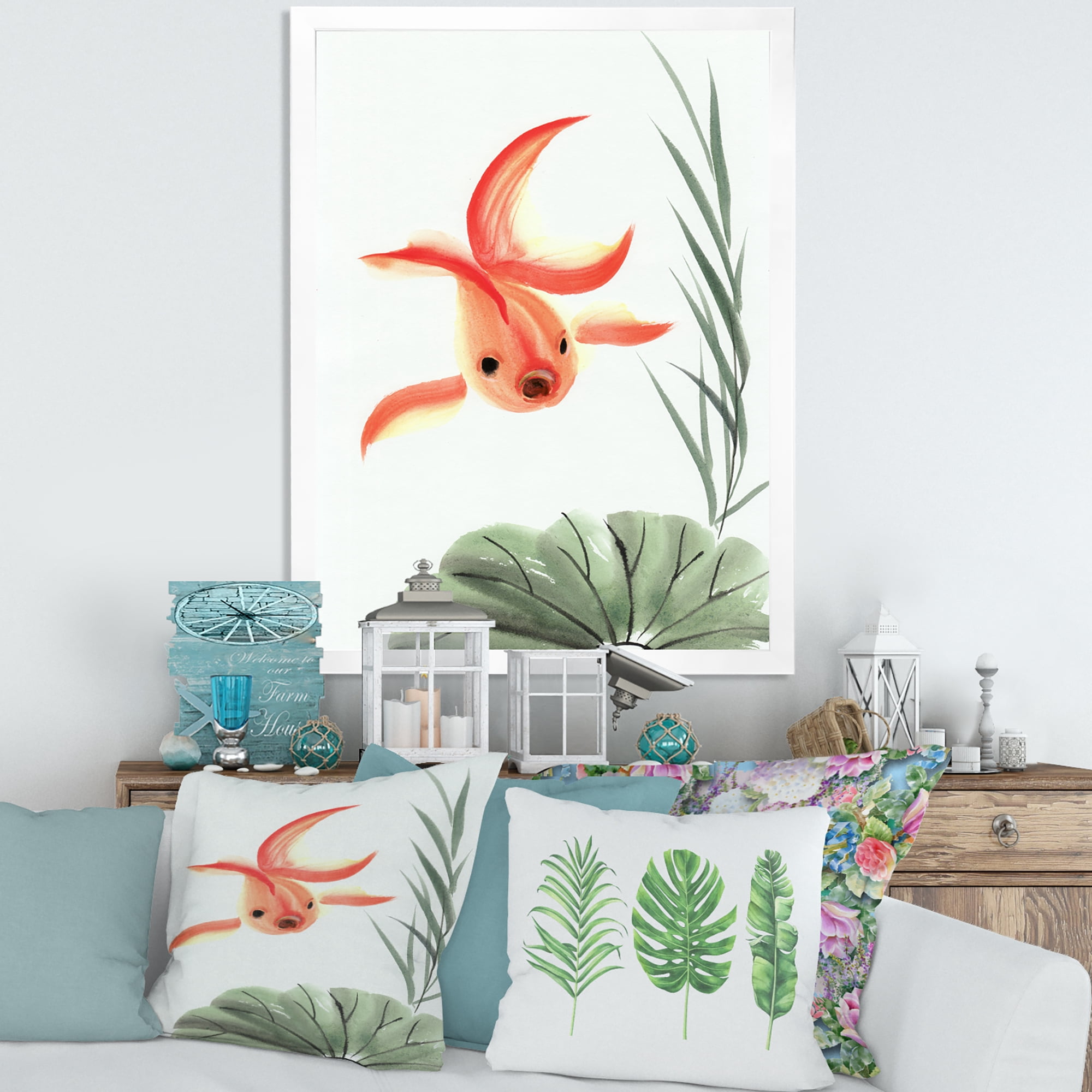 Designart 'Ancient Goldfish and The Lotus Leaf' Nautical & Coastal Framed Art Print