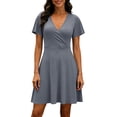 thumbnail image 4 of MaFYtyTPR Women Summer V-Neck Dress Casual Solid Color Short Sleeve Ruffled Loose Fit Mini Dress Womens Beach Flutter Sleeve Dresses A-Gray M, 4 of 6