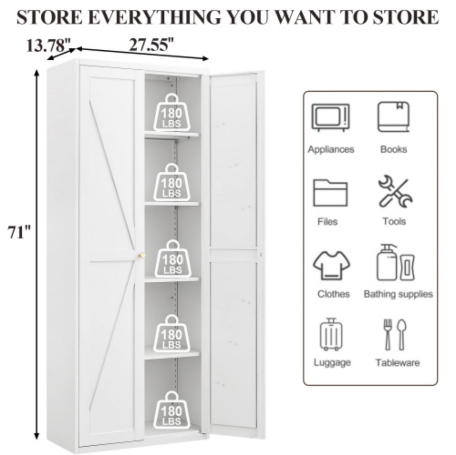 71" H Metal Storage Cabinet, 2-Door Steel Pantry Cabinet with Adjustable Shelves, Freestanding Kitchen Storage Cabinet for Living Room, Bedroom, Office, Black
