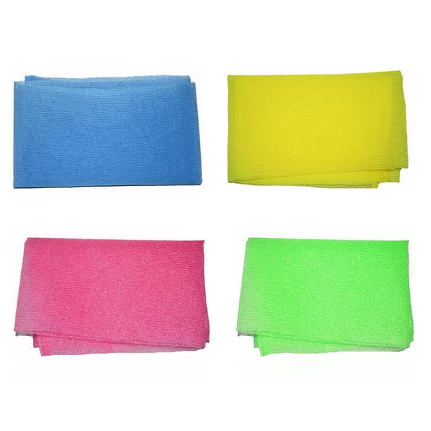 4 piezas de baño exfoliante toalla de baño frotamiento restregador tela de lavado de nylon en colores surtidos (amarillo, verde, azul y rosa)