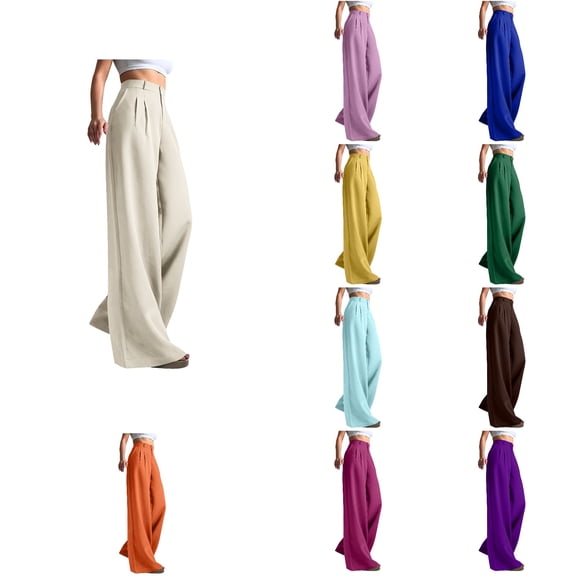 SROBPTY Women Solid High Waist Straight Leg Business Casual Trousers Yellow, L