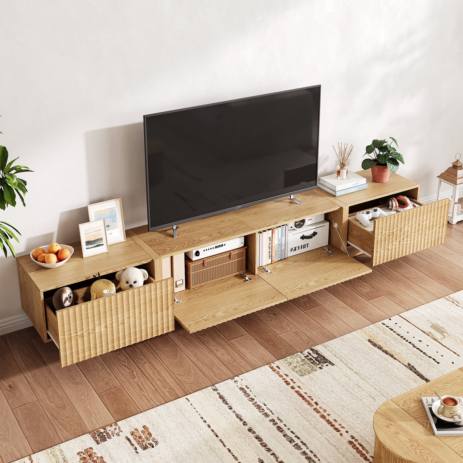 98" Natural Modern TV Stand, Large Entertainment Center with Drawers & Storage Compartments, Fits 55"-95" TVs for Living Room