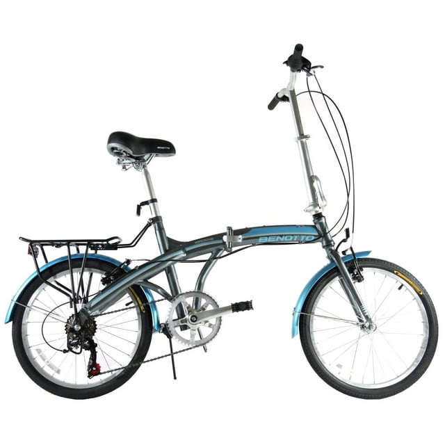 Bicicleta Benotto Vancouver City Plegable rodada 20 con cuadro de acero y manubrio plegable de aluminio. Cuenta con 7 velocidades, salpicaderas y portabultos trasero, ideal para ciclismo urbano y transporte práctico. Su diseño compacto facilita el almacenamiento y traslado.