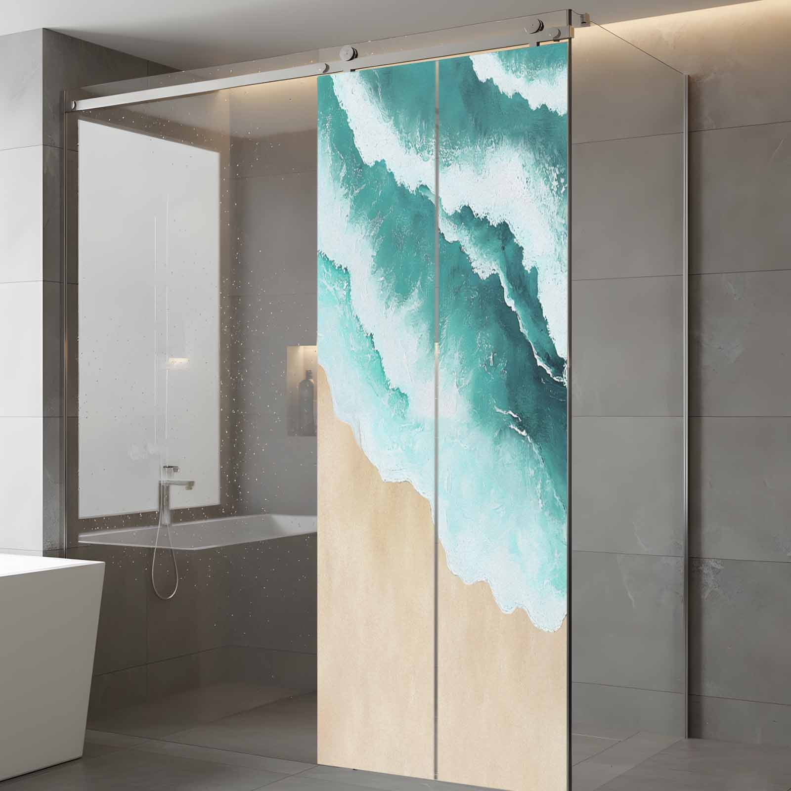 Abstract Watercolor Window Privacy Film, Gradient Green Waves Beach Seaside Frosted Glass Window Clings Static Cling UV Heat Blocking Reusable Door Sticker for Bathroom 23.6 x 59 Inch