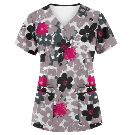 Difdany Clearance Women Scrubs Tops with Pocket Short Sleeve V-neck Nurse Tops Printed Working Uniform Blouse Working Tops Multicolor M