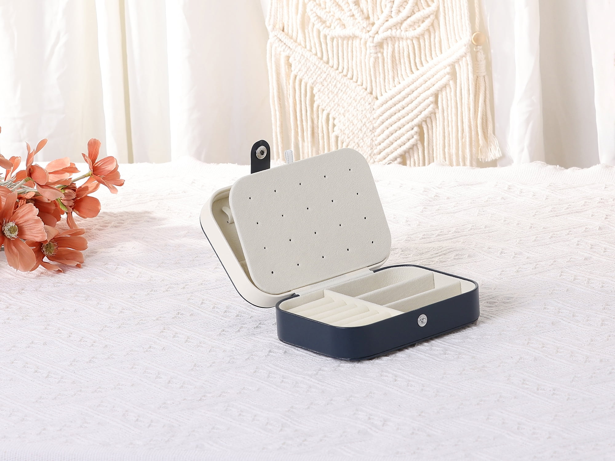 Unique Bargains PU Leather Jewelry Organizer Case for Earring Necklace Ring Navy Blue