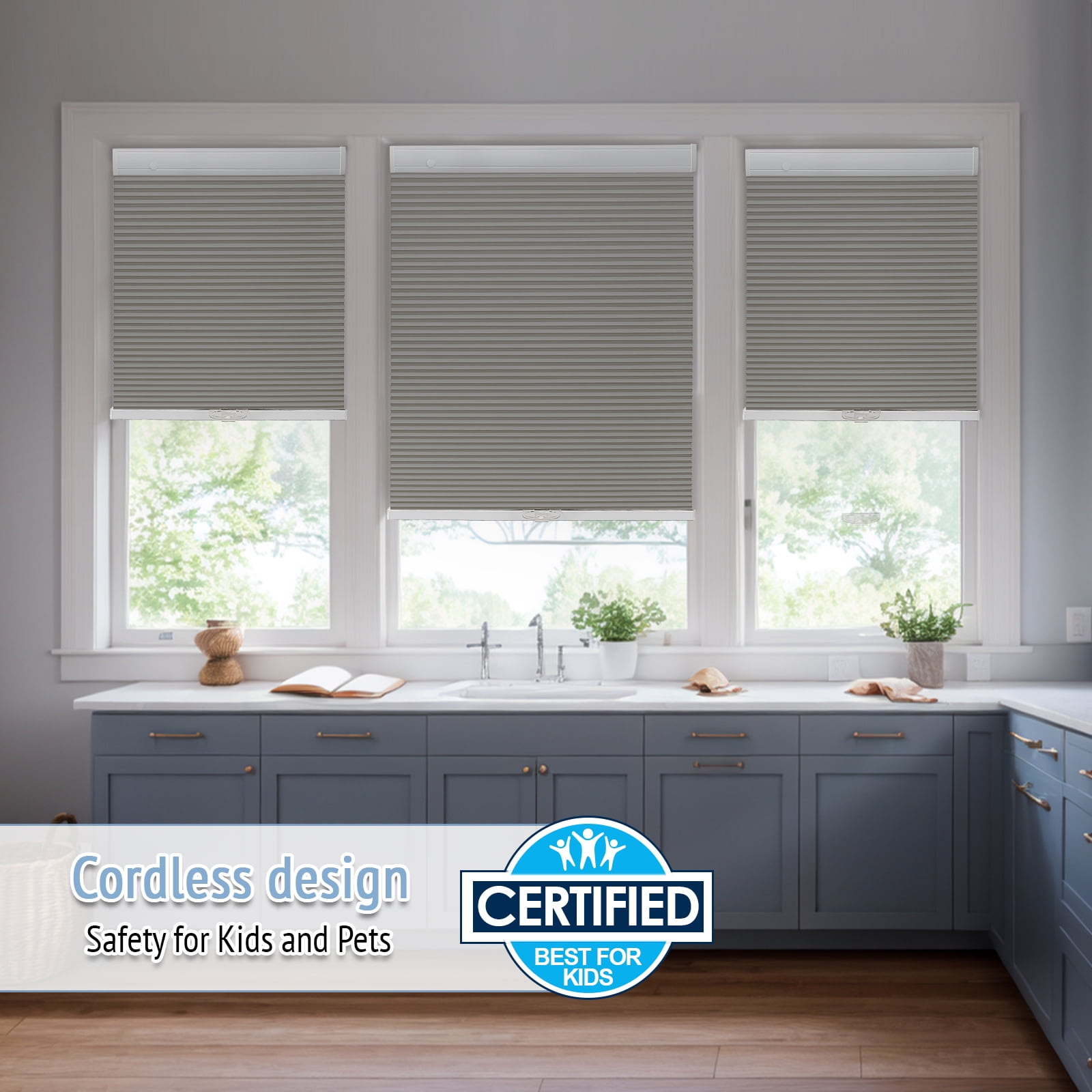 Keego New Upgraded No Drill Cordless Cellular Shades Blackout Honeycomb Blinds Easy Installation Heat Insulating Noise Reducing Window Shades, Blackout - Gray, 34"W x 64"H