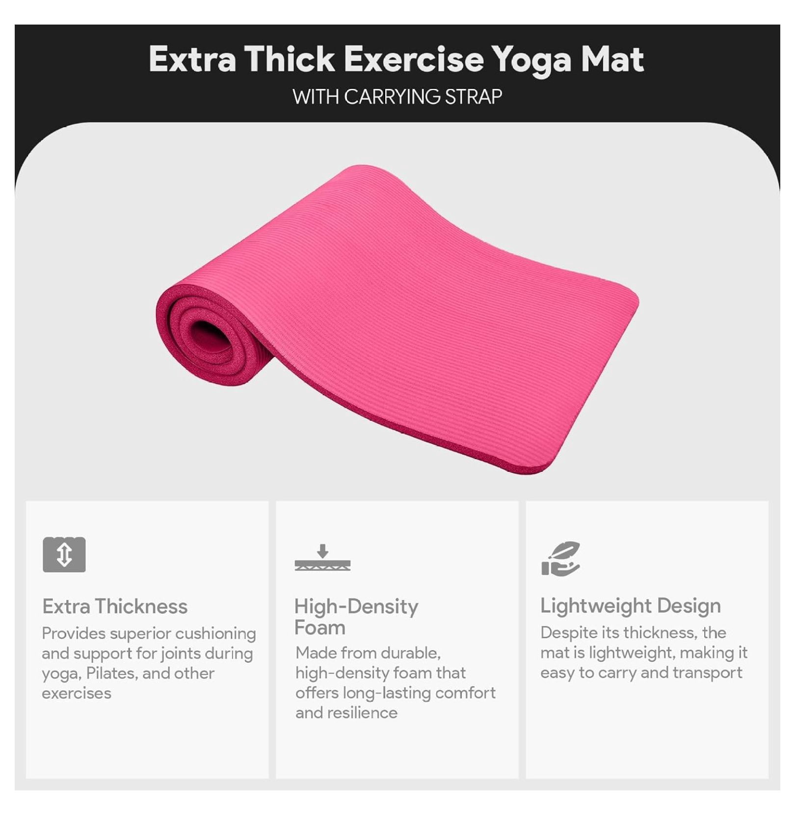 Yoga Mat 1 Inch Thick - Non Slip Exercise Mat with Strap - Extra Large 71x24in Pilates Mat for Women Men - Pink High Density Workout Mat for Floor