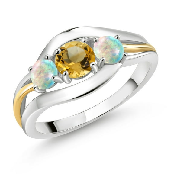 Gem Stone King 925 Sterling Silver and 10K Yellow Gold Round Yellow Citrine and White Opal 3 Stone Ring for Women (1.23 Cttw, Size 6)