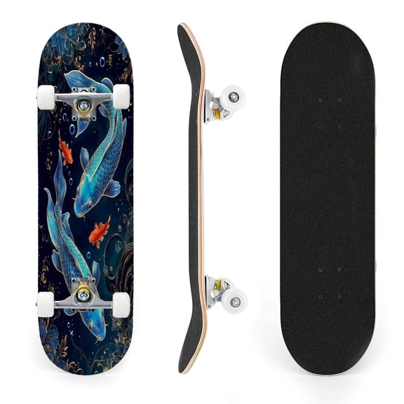 31"x8" Blue Gold Fish Floral Bubble Accents Elegant Complete Skateboards for Beginners, Double Kick 7 Ply Maple Deck Skateboard with Wheels, Gifts for Kids Teens