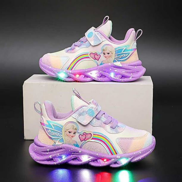 Disney niños dibujos animados Frozen princesa Elsa trenzado suave niña zapatos casuales niña estudiante deportes zapatos LED luz Shoes31-Insole 19,0 cm Gao Jinjia LED