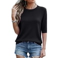 thumbnail image 5 of Sillenn Women's Crew Neck Elbow Length Sleeve Knit Seamless T-Shirts Soft Lightweight Basic Pullover Sweater Casual Loose Fit Shirts Basic Tee Shirts Summer Dressy Casual T-Shirts Black L, 5 of 9
