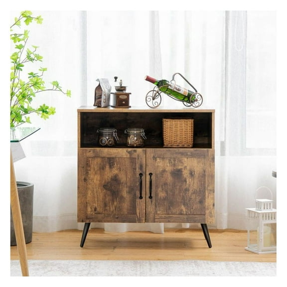 Mid-Century Modern Storage Cabinet with Wine Glass Holders, Rustic Brown Engineered Wood Floor Cabinet, 30" Living Room Bedroom Dining Room Organizer, 2 Door Shelves