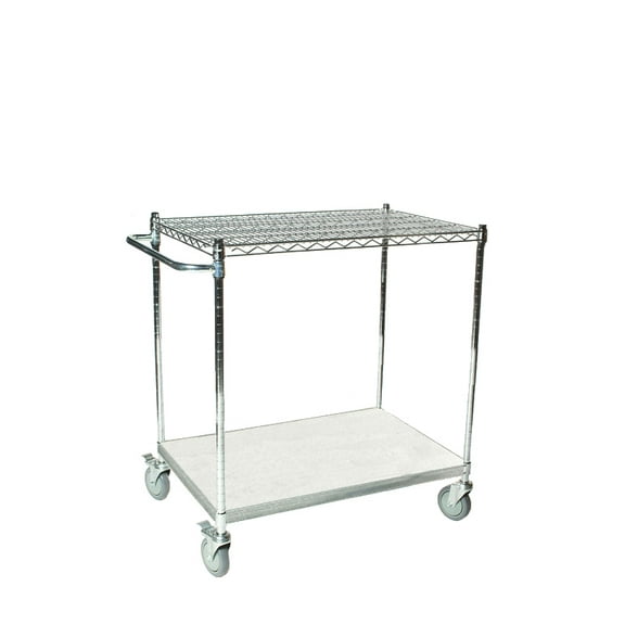 18" Deep x 42" Wide x 39" High 2 Tier Chrome Shelf Cart with 1 Wire Shelf & 1 Solid Shelf