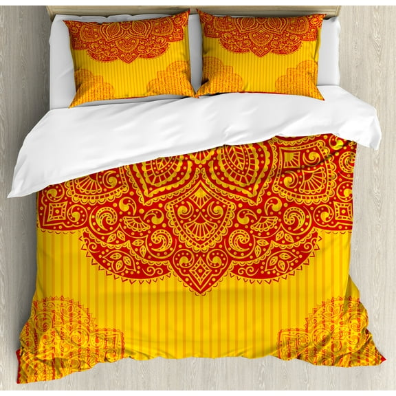 Ethnic Duvet Cover Set, Abstract Floral Ornamental Framework Detail Grunge Background Traditional Design, Decorative 3 Piece Bedding Set with 2 Pillow Shams, Calking Size, Red Yellow, by Ambesonne