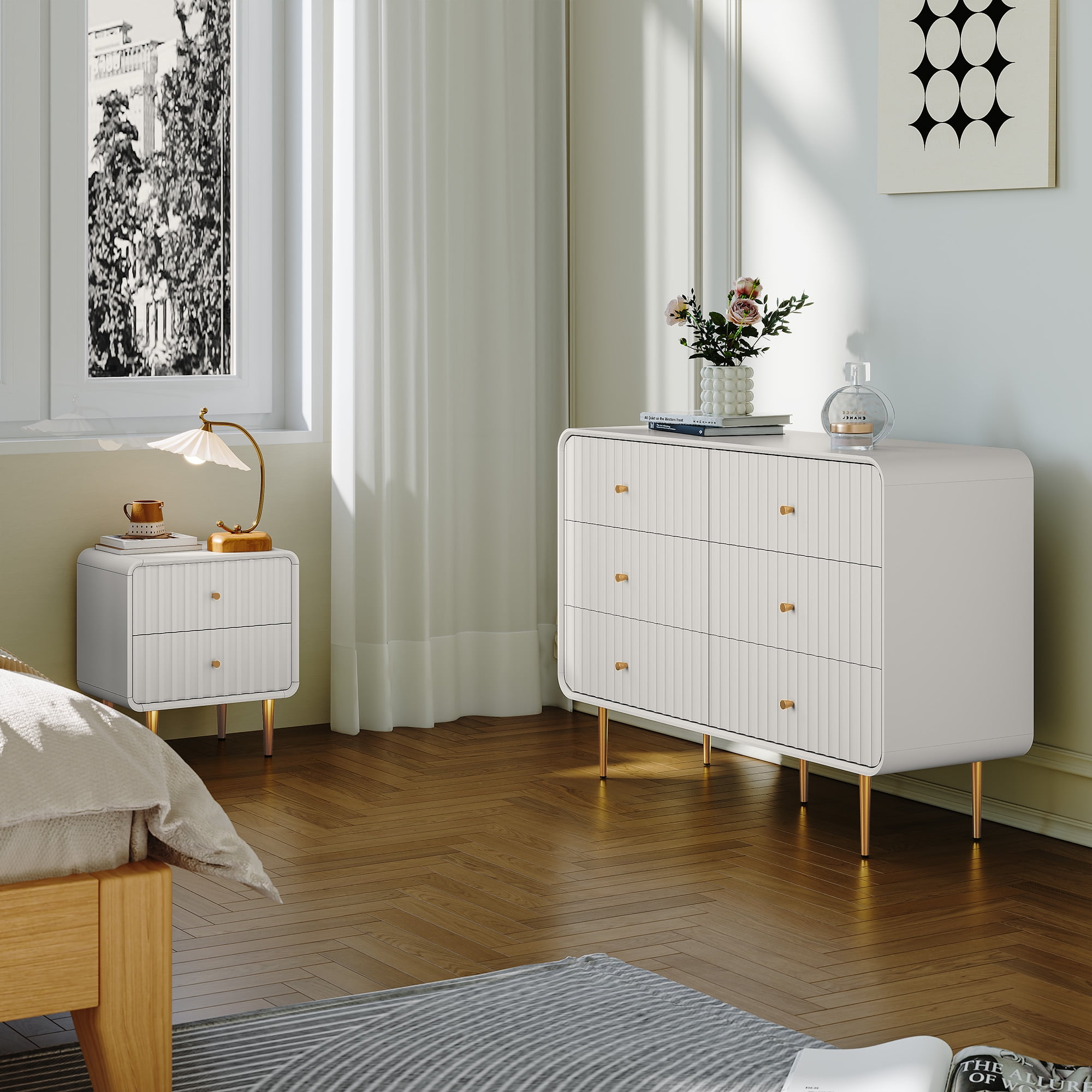 HLR 6 Drawers Dresser for Bedroom, 54'' W Modern Fluted Storage Chest of Drawers for Hallway, White