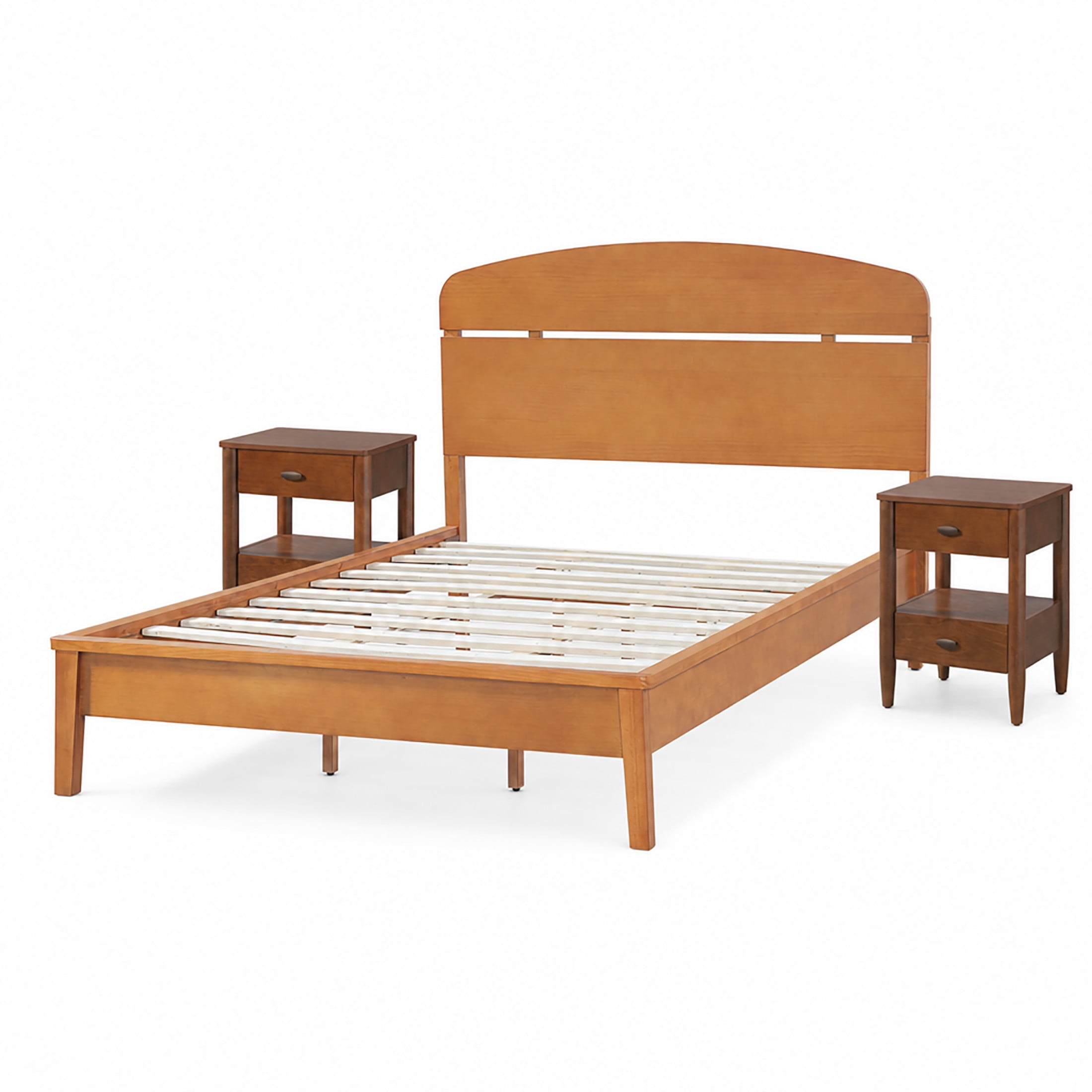 Christopher Knight Home Queen Platform Bedroom Set, Curved Headboard Bed with 2 Nightstands, Light Brown+Walnut