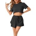 thumbnail image 1 of Conjuntos de pijama de manga corta para mujer INSPIRE CHIC, de punto acanalado, con aberturas laterales, pantalones cortos, 2 piezas, conjuntos de lounge, XS, negro, 1 of 1