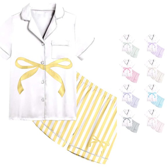 JAJAHO Kids Girls Pajamas Summer Sleepwear Set Bow Printed Button Up Shirts And Shorts 2 Piece Sets 2-13Y