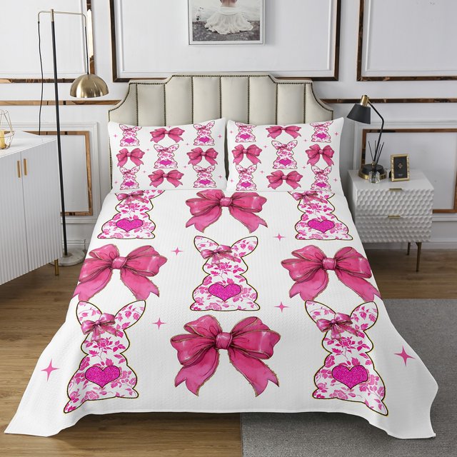 Erosebridal Kawaii Bowknot Coverlet Set King,Cartoon Sheep Rabbit Bedding Set,Floral Decor,Breathable,3pcs