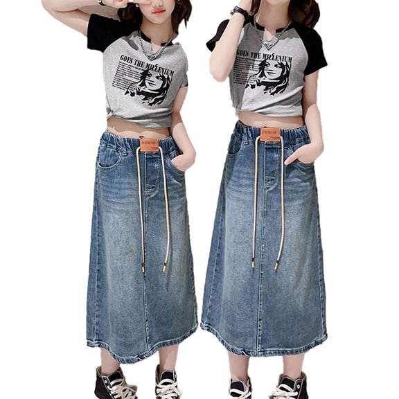 LYMAYTER Teens Girls Long Maxi Denim Skirt Trendy A Line Pull Elastic Waist Drawstring Stretchy Pockets