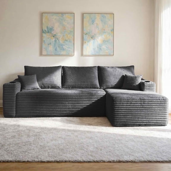 MAYEERTY 108 Inch Gray Cloud Sectional Sofa, L-Shaped Right-Facing Modular Plush Corduroy Couch with Side Pockets, 3-Seater Deep Seating Sofa No Assembly Required for Living Room Bedroom