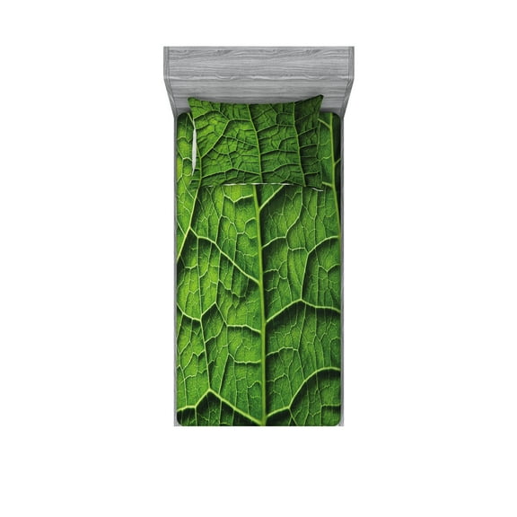 Ambesonne Green Fitted Sheet & Pillow Sham Set, Forest Tree Leaf Texture, Twinxl, Dark Green