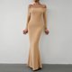 thumbnail image 4 of Vestido ajustado de mujer Color sólido Cuello oblicuo con hombros descubiertos Un traje de vacaciones en forma, 4 of 8