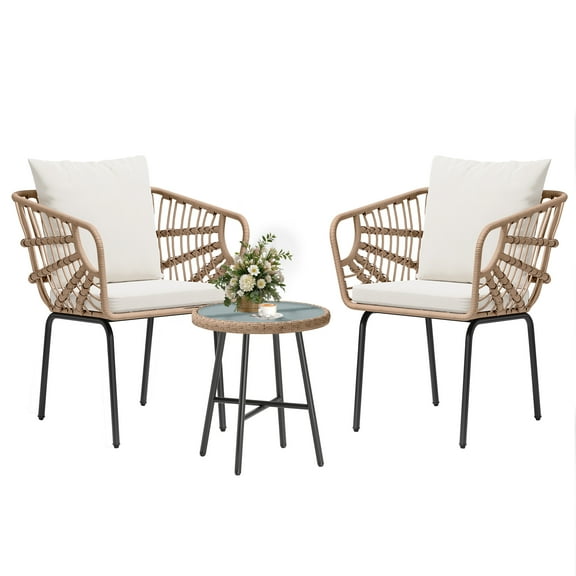 Dextrus 3-Piece Patio Conversation Bistro Set Rattan Furniture, Outdoor Patio Set w/Glass Top Table & Cushions for Garden Balcony Backyard Poolside, Yellow/Beige
