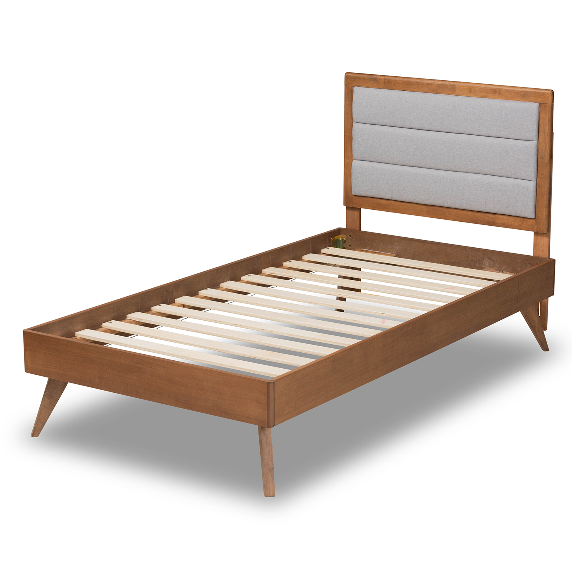 Baxton Studio Linn Mid-Century Modern Light Grey Fabric Upholstered and Walnut Brown Finished Wood Twin Size Platform Bed