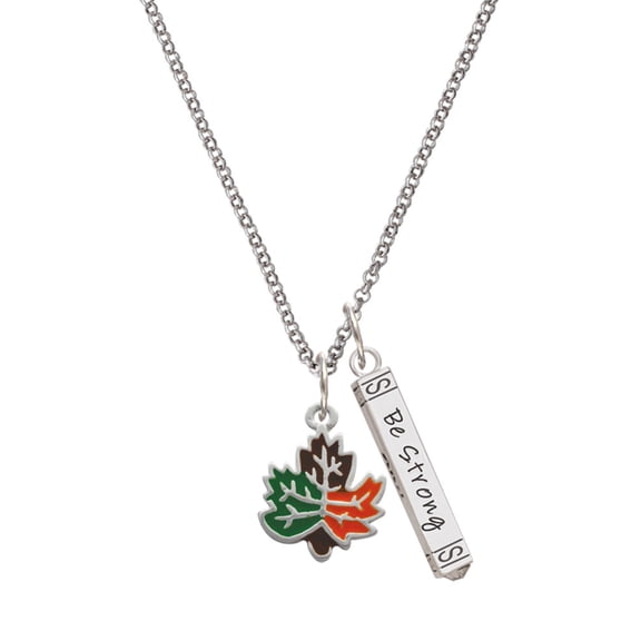 Delight Jewelry Silvertone Large Enamel Fall Leaf Silvertone Be Strong and Courageous Bar Charm Necklace, 23"