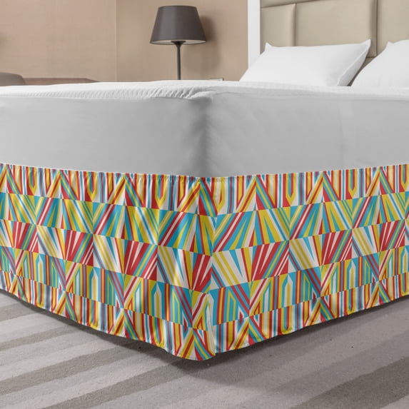 Modern Bed Skirt, Geometrical Theme Abstract Triangular Pattern with Colorful Contemporary Motifs, Elastic Bedskirt Dust Ruffle Wrap Around for Bedding Decor, 4 Sizes, Multicolor, by Ambesonne
