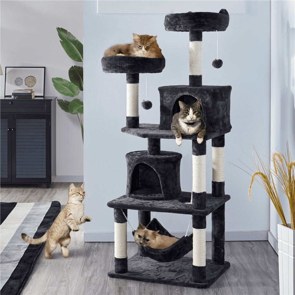 Alden Design 62" Double Condos Cat Tree and Scratching Post Tower, Black