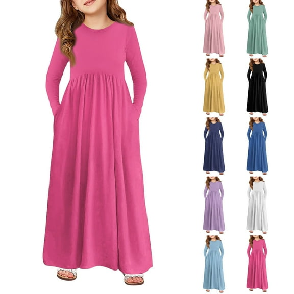 ADSSDQ Girls Maxi Dress Long Sleeve Casual Holiday Dress Fall Casual Solid Color Basic Dress with Pockets for 5-6 Years Dark Blue
