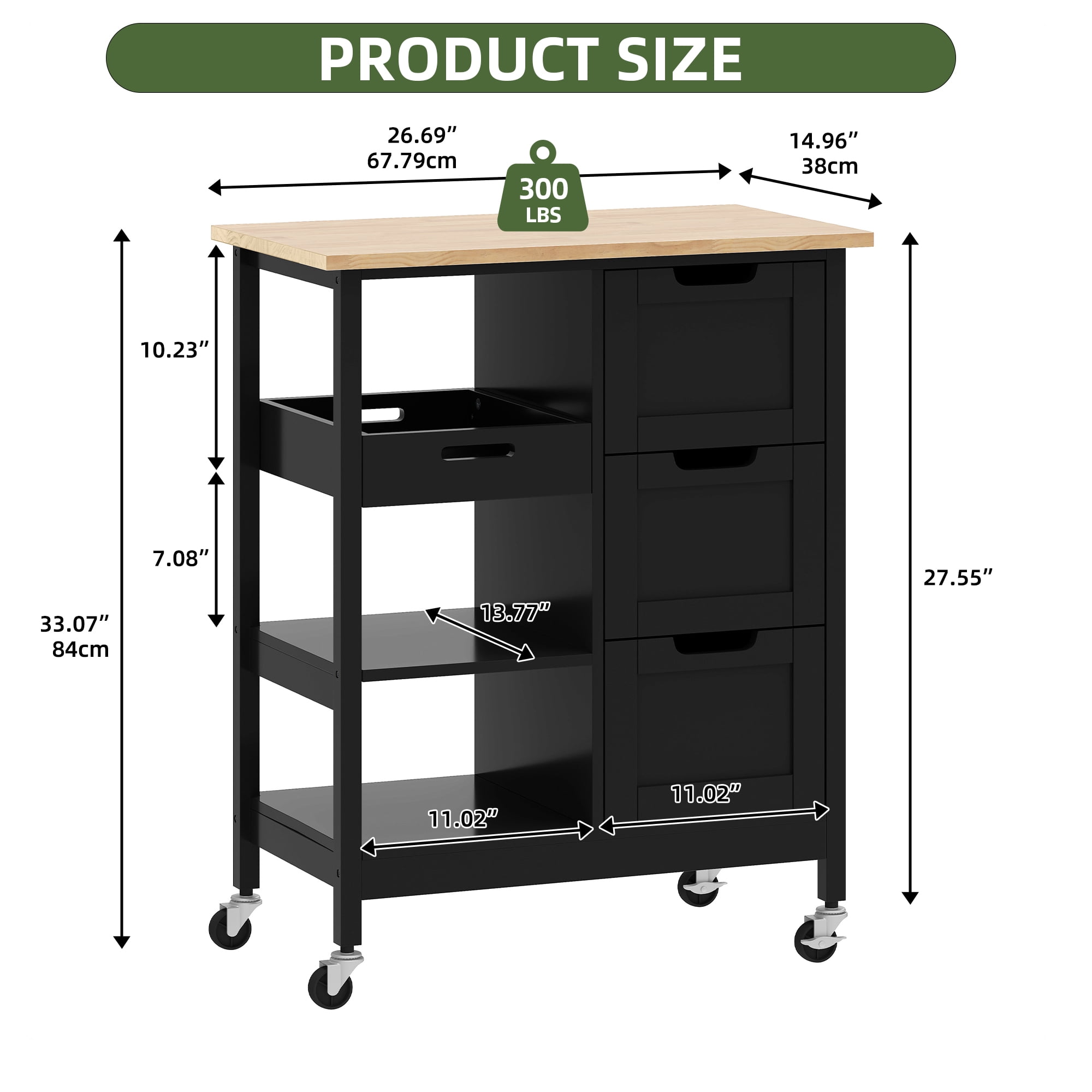 Uforic Kitchen Storage Cart with Drawers & Open Shelves, Rolling Kitchen Island, Black