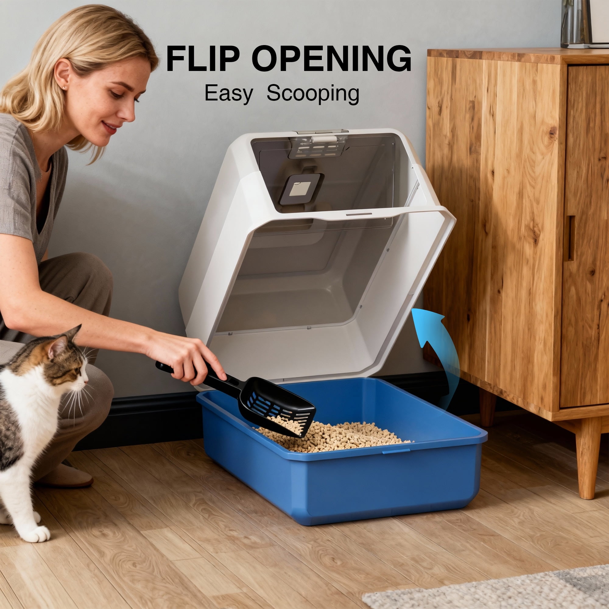 Cat Litter Box Enclosure Large Litter Box with Front Door Flap and Scoop Plastic Blue