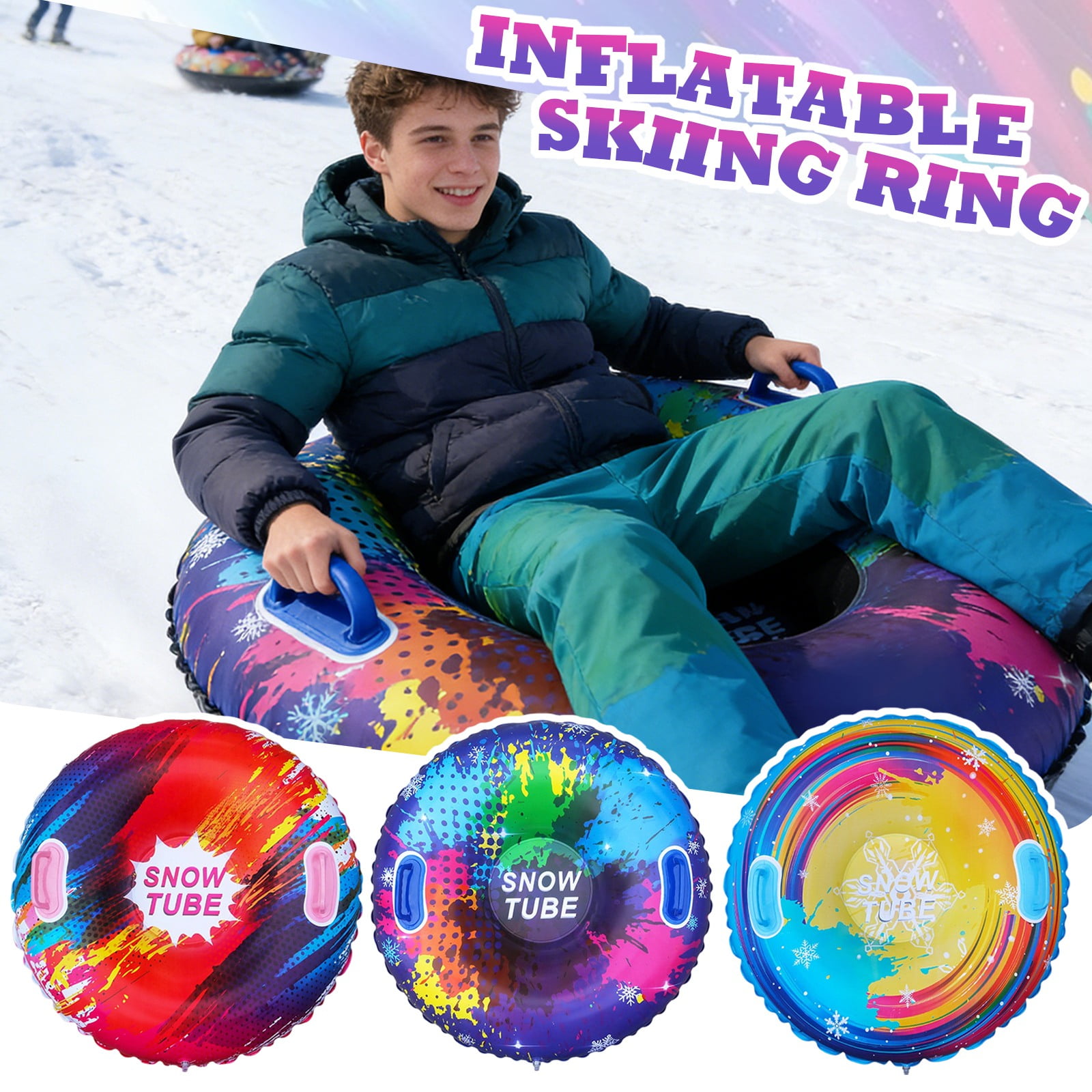 Inflatable Snow Sled, Snow Tubes Heavy Duty, Thick Vinyl Plastic, Snow Tubes for Sledding Heavy Duty, Winter Outdoor Recreation, Multicolor Splash, 47 In, 1 Pc