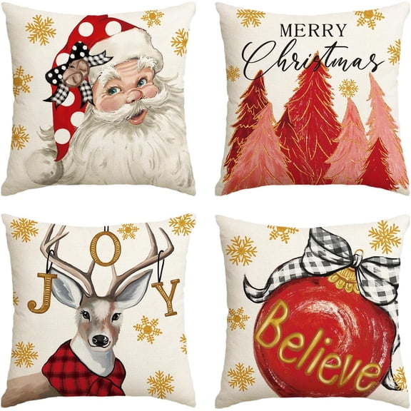 Merry Christmas Santa Tree Reindeer Believe Throw Pillow Covers, 18 x 18 Inch Red Christmas Holiday Cushion Case Decoration for Sofa Couch Set of 4