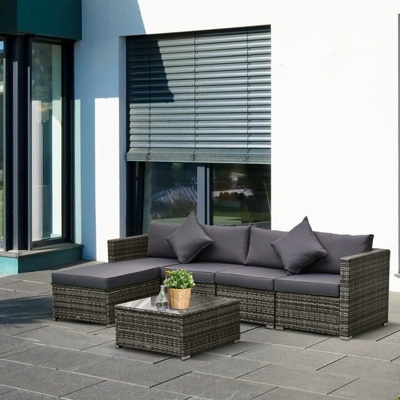 Outsunny 6 Pieces Patio Furniture Sets Outdoor Wicker All Weather PE Rattan Sectional sofa set with Ottoman, Cushions & Tempered Glass Desktop, Gray