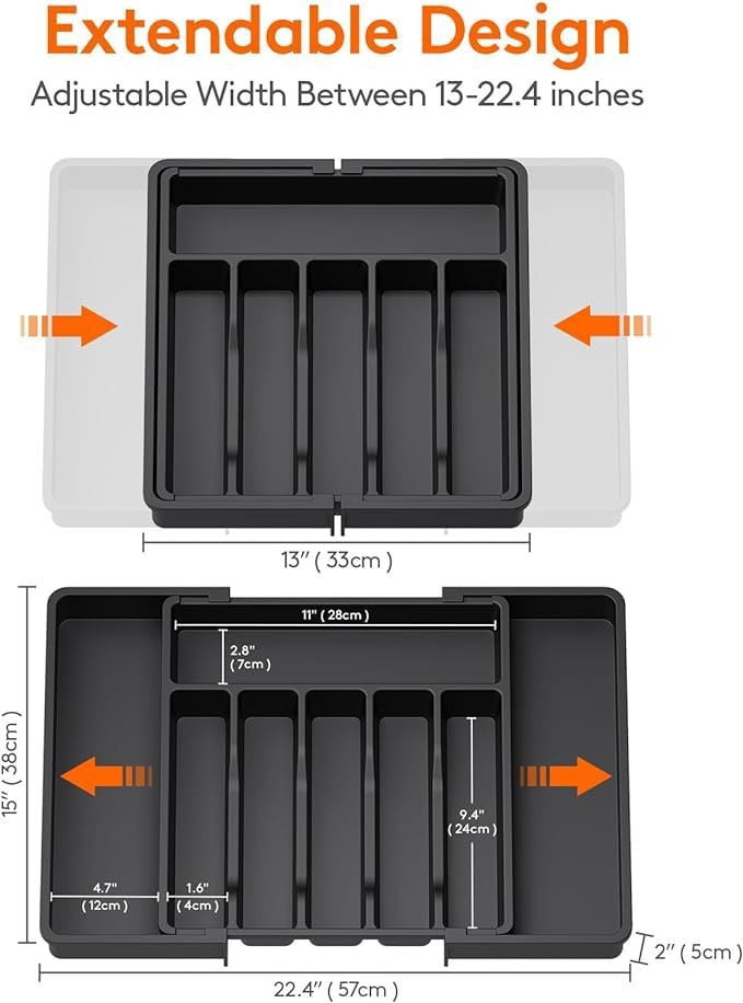 Extra Large Expandable Silverware Organizer, BPA-Free Food-Safe Cutlery Flatware Organizer, Kitchen Utensil Drawer Organizer, Adjustable Silverware Holder for Spoons Forks Knives, Black